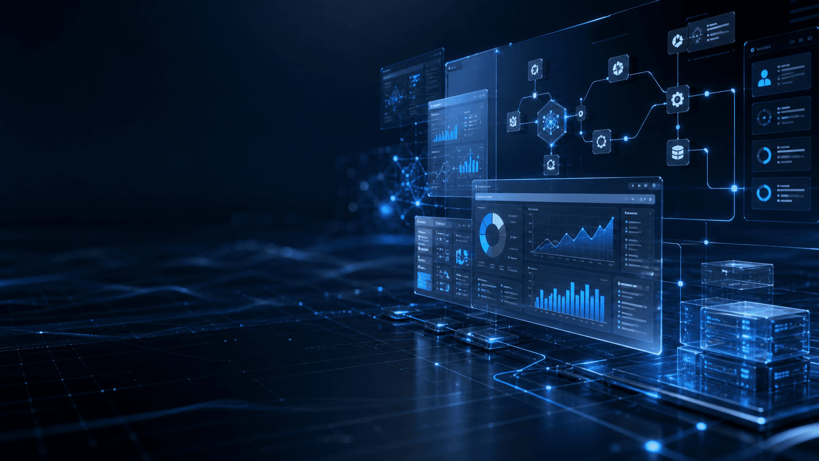 Visual premium de sistemas empresariales, inteligencia artificial y procesos conectados