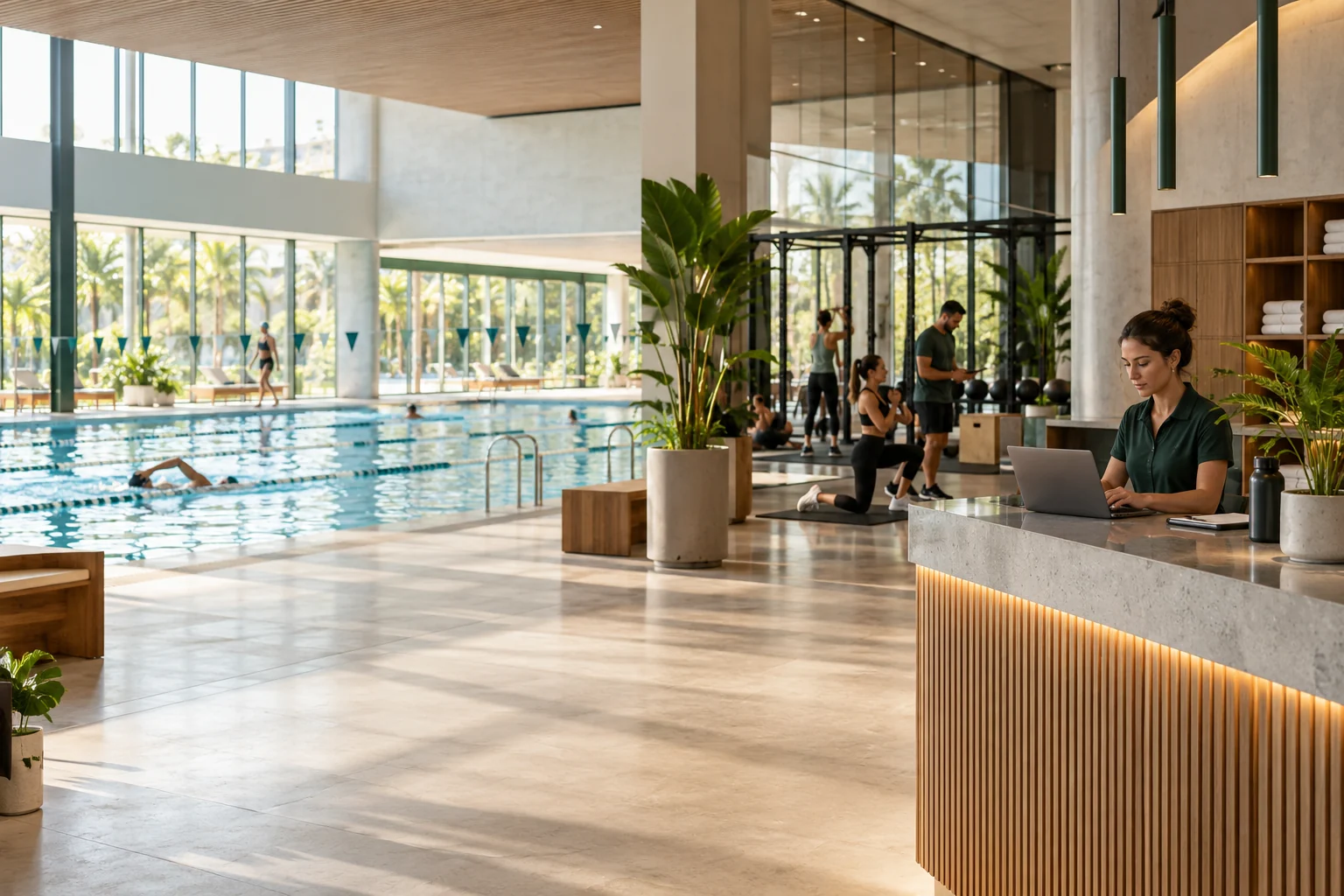 Centro deportivo con pileta y área de entrenamiento