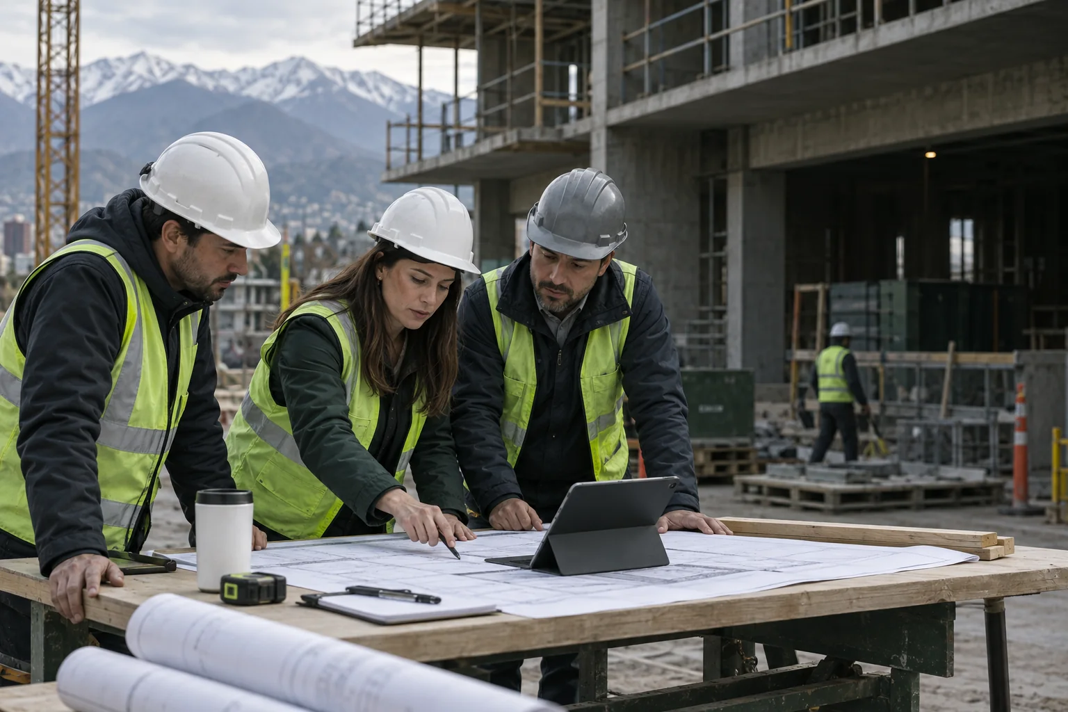 Equipo de construcción coordinando la planificación semanal en obra